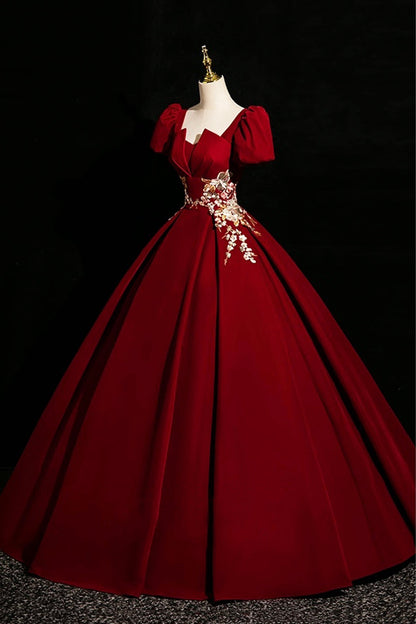 Burgundy Velvet Long Prom Dress, Elegant Short Sleeve Evening Party Dress