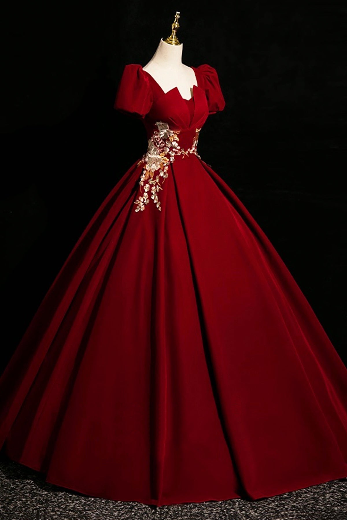 Burgundy Velvet Long Prom Dress, Elegant Short Sleeve Evening Party Dress