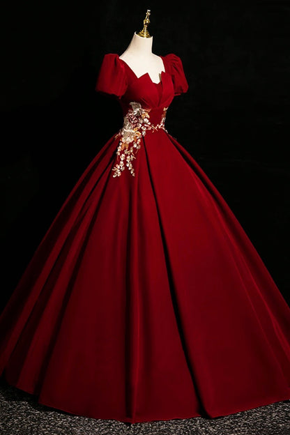 Burgundy Velvet Long Prom Dress, Elegant Short Sleeve Evening Party Dress