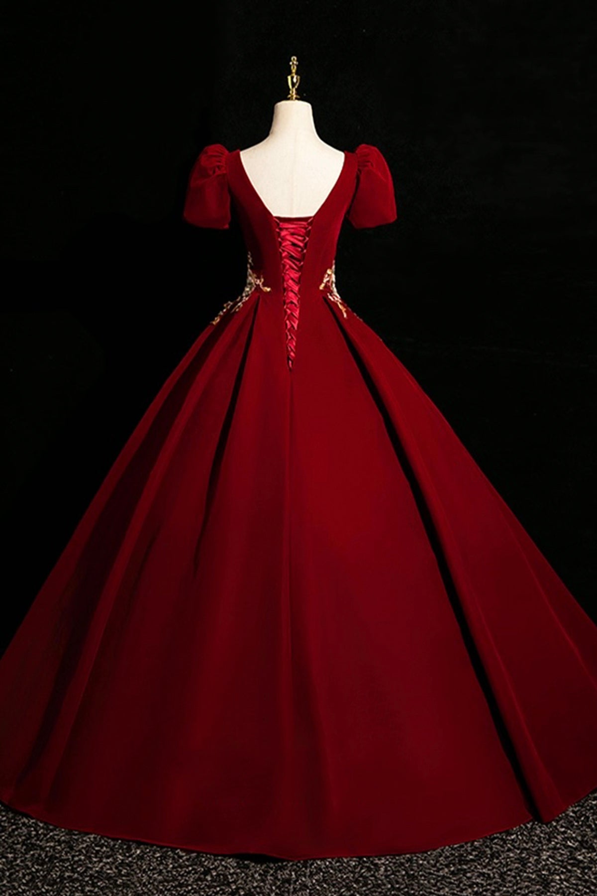 Burgundy Velvet Long Prom Dress, Elegant Short Sleeve Evening Party Dress