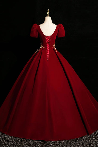 Burgundy Velvet Long Prom Dress, Elegant Short Sleeve Evening Party Dress