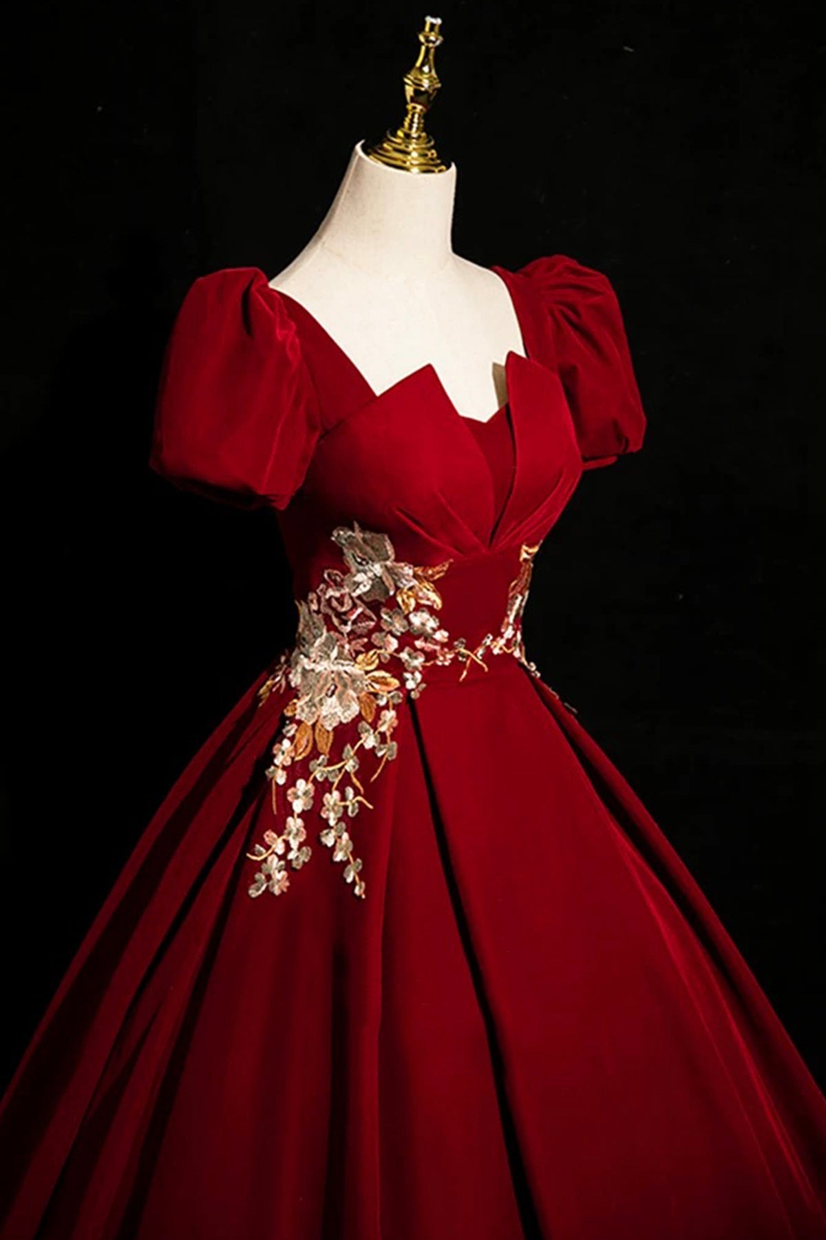 Burgundy Velvet Long Prom Dress, Elegant Short Sleeve Evening Party Dress