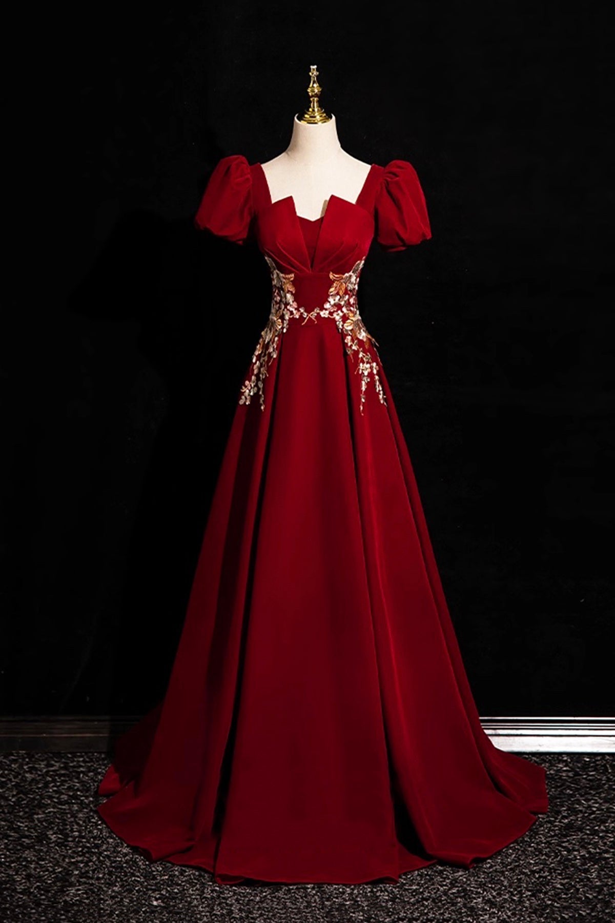 Burgundy Velvet Long Prom Dress, Elegant Short Sleeve Evening Party Dress