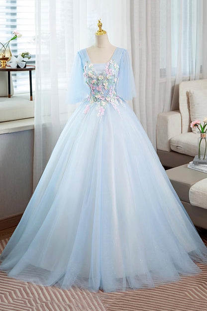 Blue Tulle Lace Long Prom Dress, Beautiful A-Line Evening Party Dress