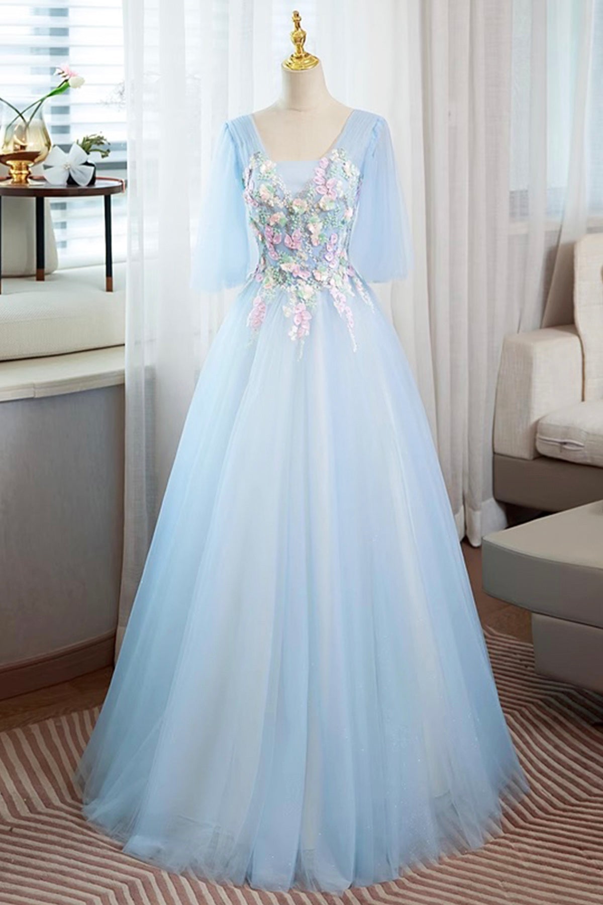 Blue Tulle Lace Long Prom Dress, Beautiful A-Line Evening Party Dress