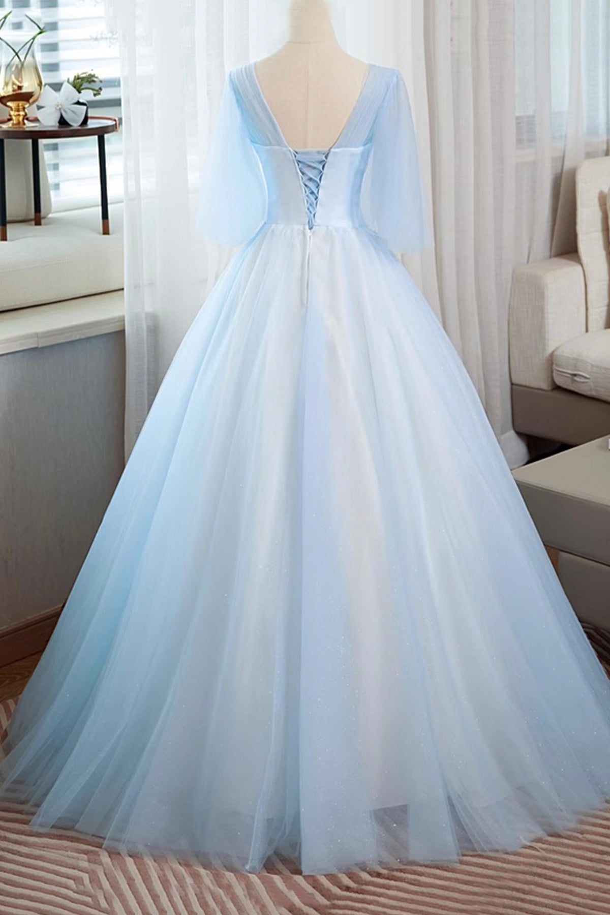 Blue Tulle Lace Long Prom Dress, Beautiful A-Line Evening Party Dress