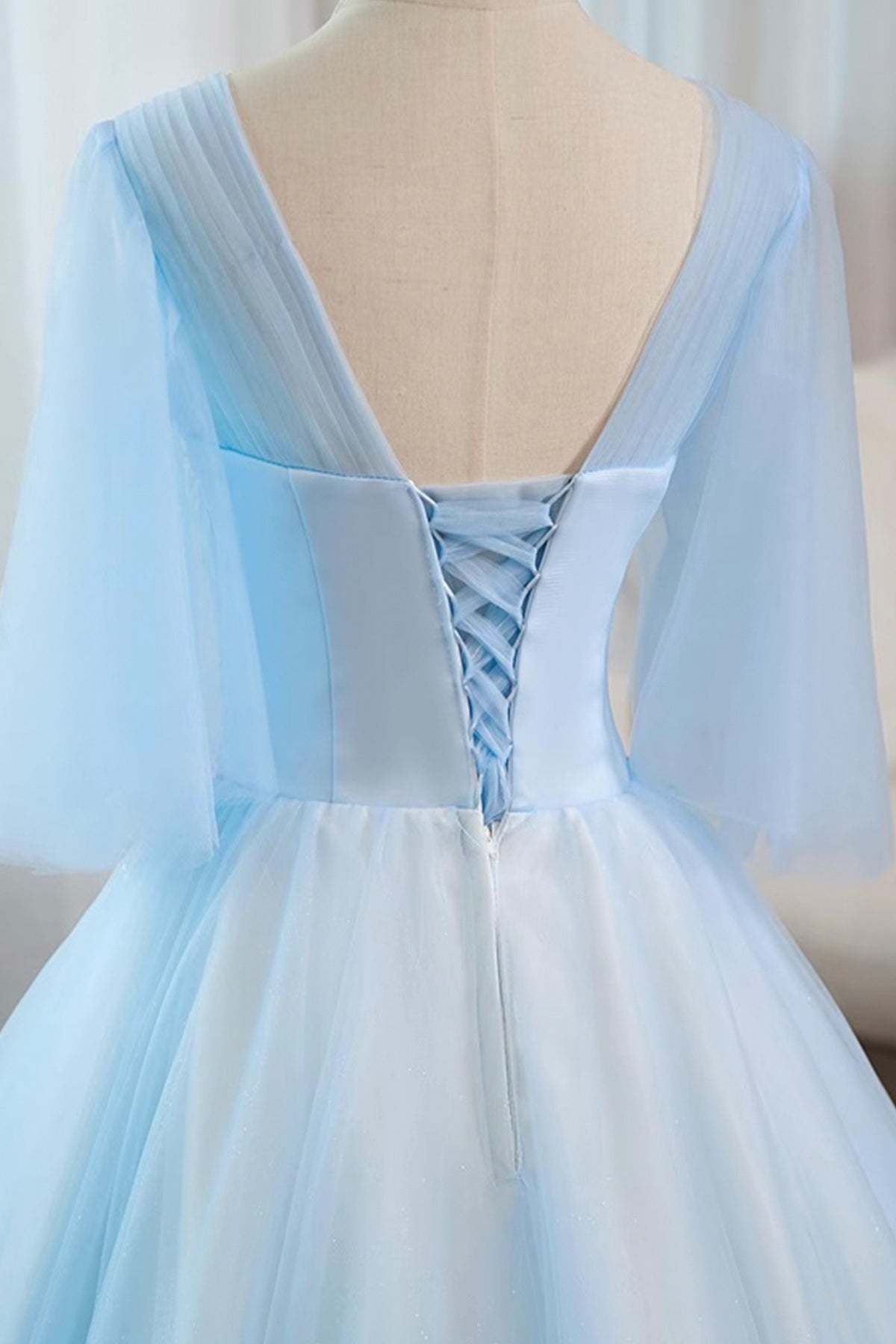 Blue Tulle Lace Long Prom Dress, Beautiful A-Line Evening Party Dress
