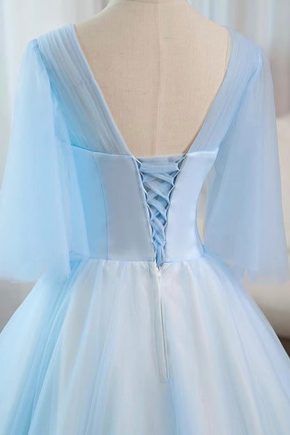 Blue Tulle Lace Long Prom Dress, Beautiful A-Line Evening Party Dress