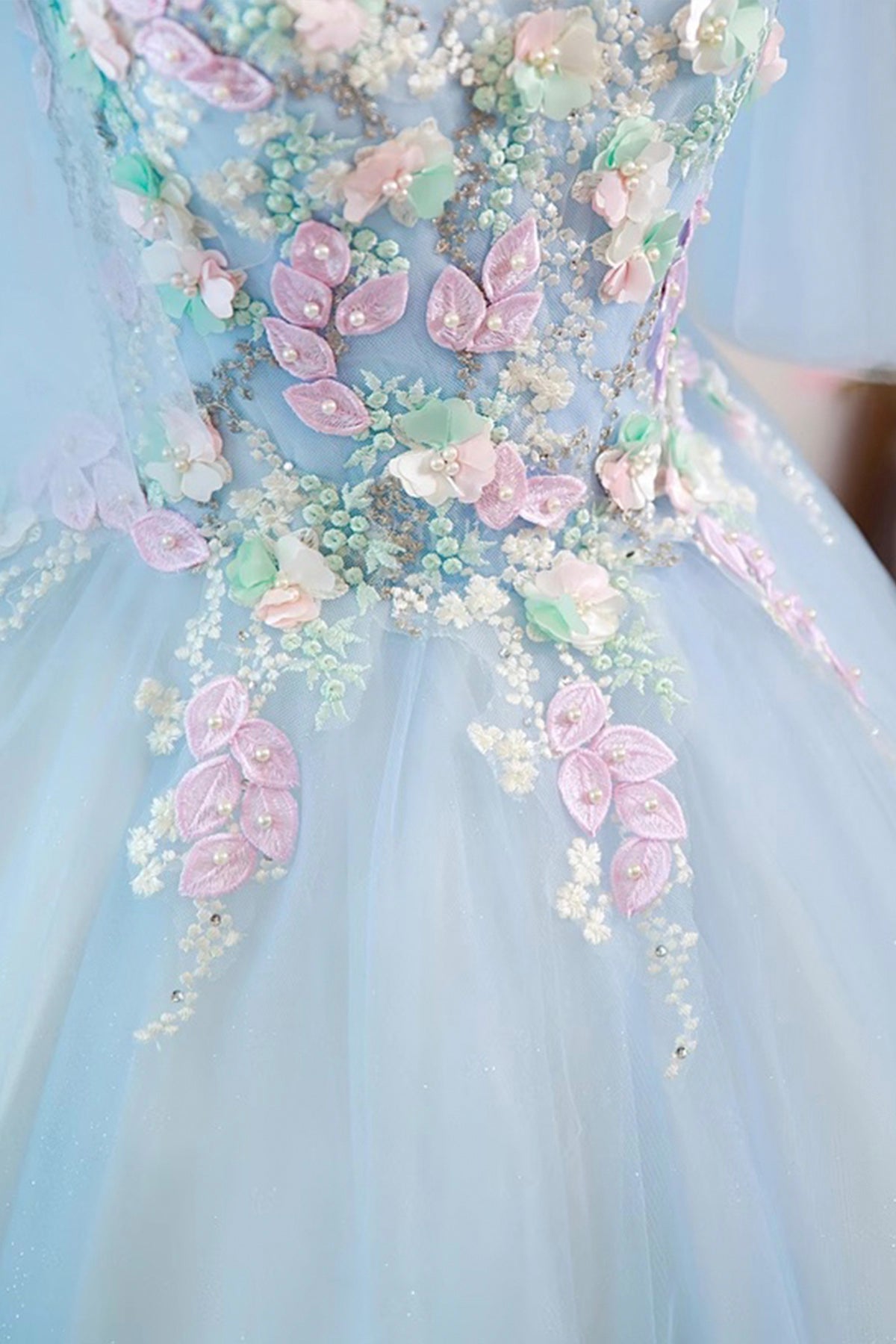 Blue Tulle Lace Long Prom Dress, Beautiful A-Line Evening Party Dress