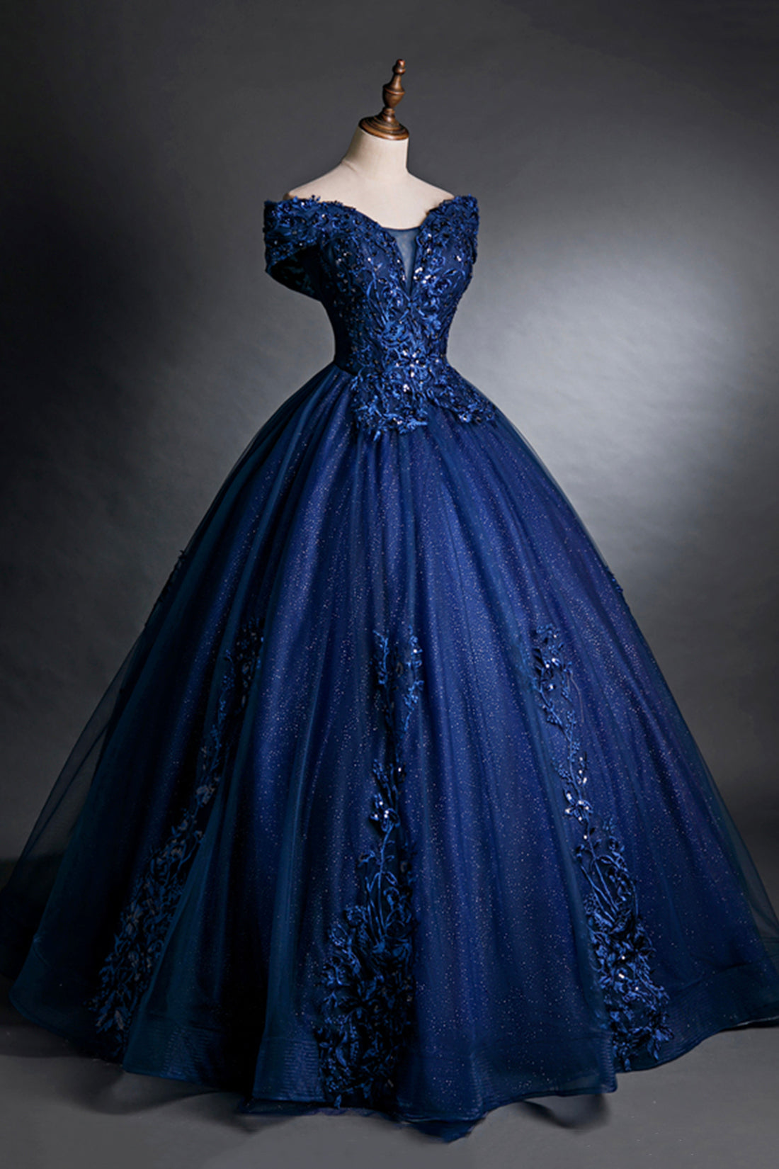 Blue Tulle Lace Long A-Line Ball Gown, Off the Shoulder Evening Party Dress