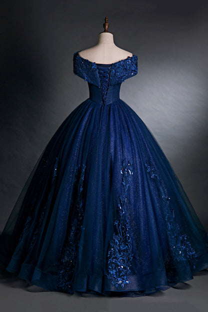 Blue Tulle Lace Long A-Line Ball Gown, Off the Shoulder Evening Party Dress