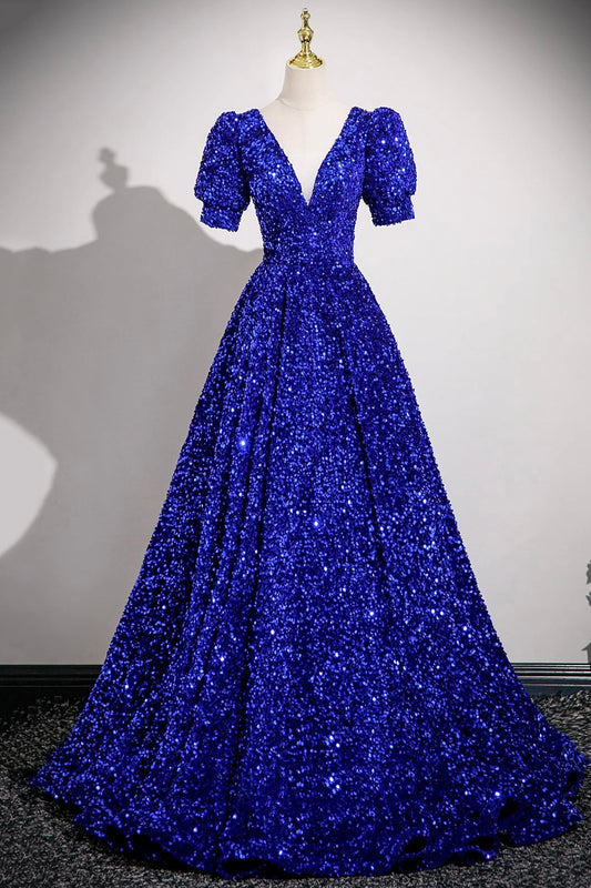 Blue V-Neck Sequins Long Prom Dress, Blue A-Line Short Sleeve Party Dress