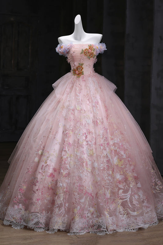 Pink Floral Tulle Long Prom Dress, Pink A-Line Evening Party Dress