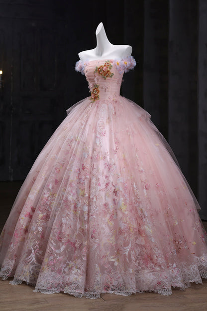 Pink Floral Tulle Long Prom Dress, Pink A-Line Evening Party Dress