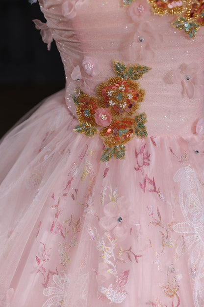 Pink Floral Tulle Long Prom Dress, Pink A-Line Evening Party Dress