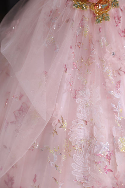 Pink Floral Tulle Long Prom Dress, Pink A-Line Evening Party Dress