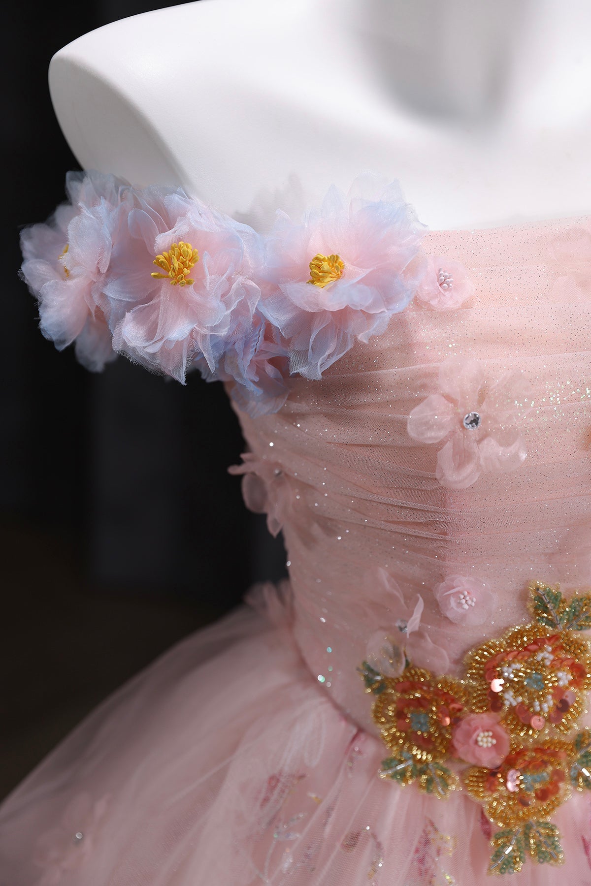 Pink Floral Tulle Long Prom Dress, Pink A-Line Evening Party Dress