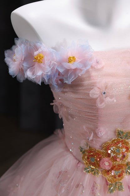 Pink Floral Tulle Long Prom Dress, Pink A-Line Evening Party Dress