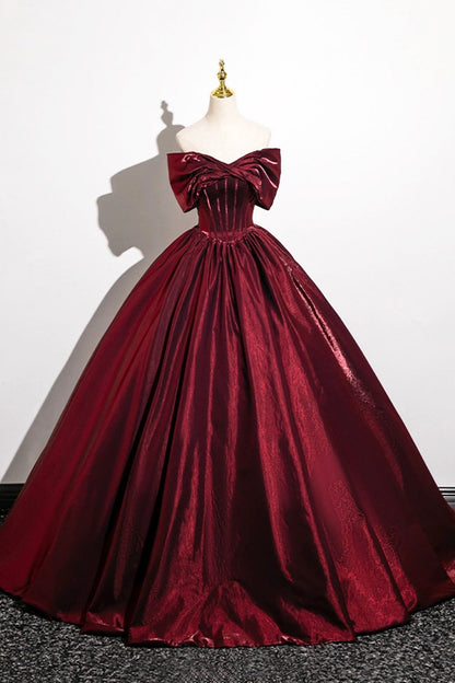 Burgundy Satin Long Prom Dress, Burgundy Off the Shoulder Evening Party Dress
