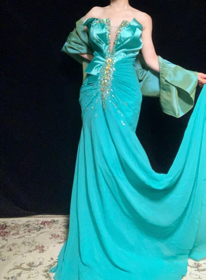 Blue green beaded fashion mermaid long satin chiffon Prom dress evening dress party dress gh4923