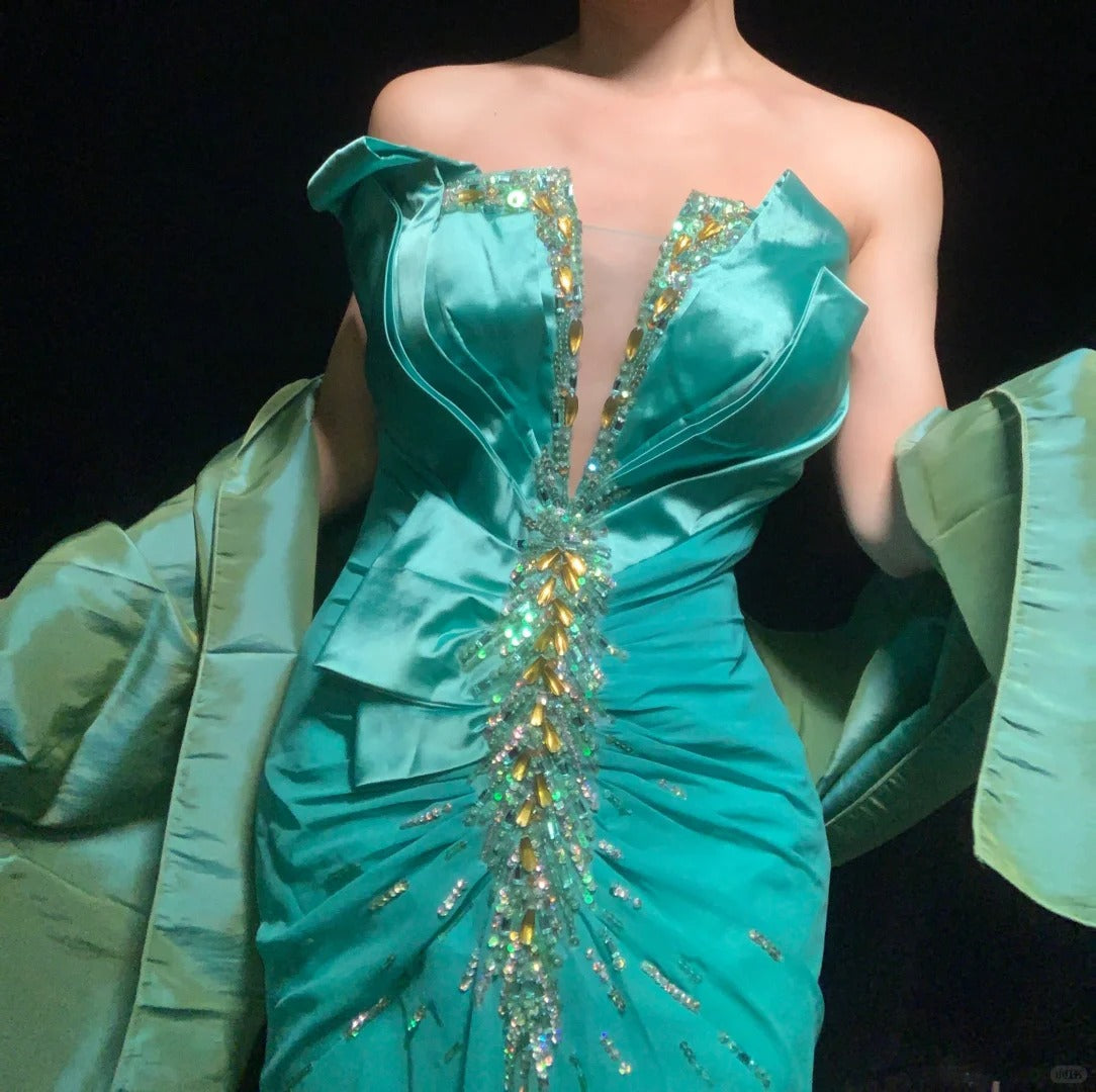 Blue green beaded fashion mermaid long satin chiffon Prom dress evening dress party dress gh4923