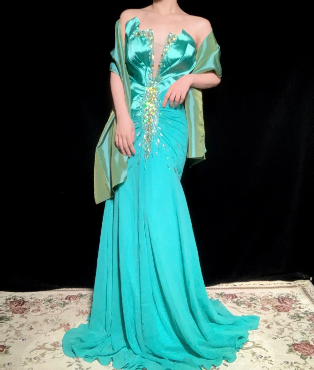 Blue green beaded fashion mermaid long satin chiffon Prom dress evening dress party dress gh4923