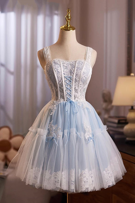 Cute Tulle Lace Short Prom Dress, Blue A-Line Homecoming Party Dress