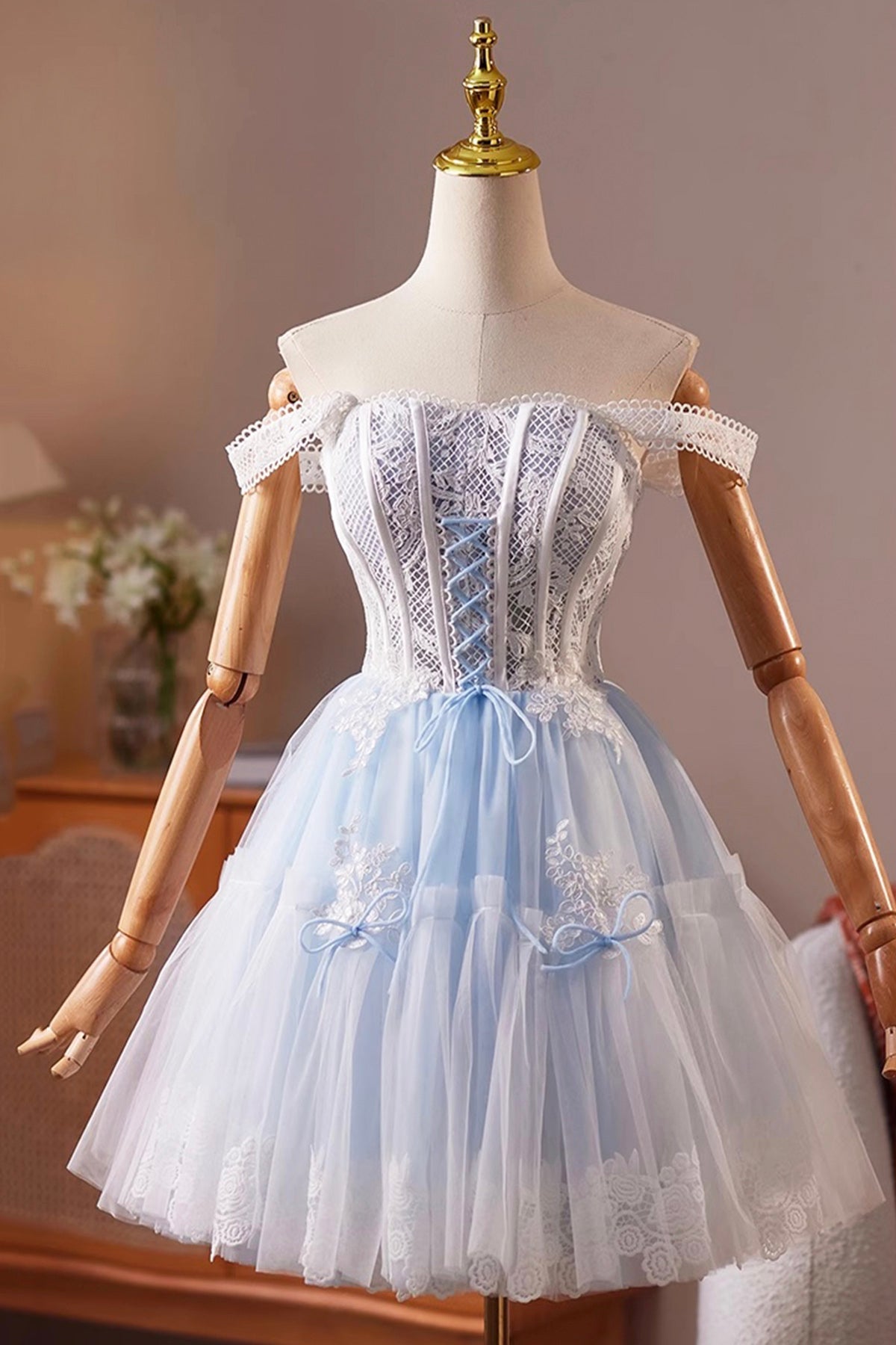 Cute Tulle Lace Short Prom Dress, Blue A-Line Homecoming Party Dress