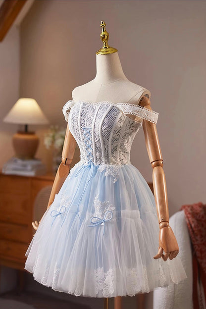 Cute Tulle Lace Short Prom Dress, Blue A-Line Homecoming Party Dress