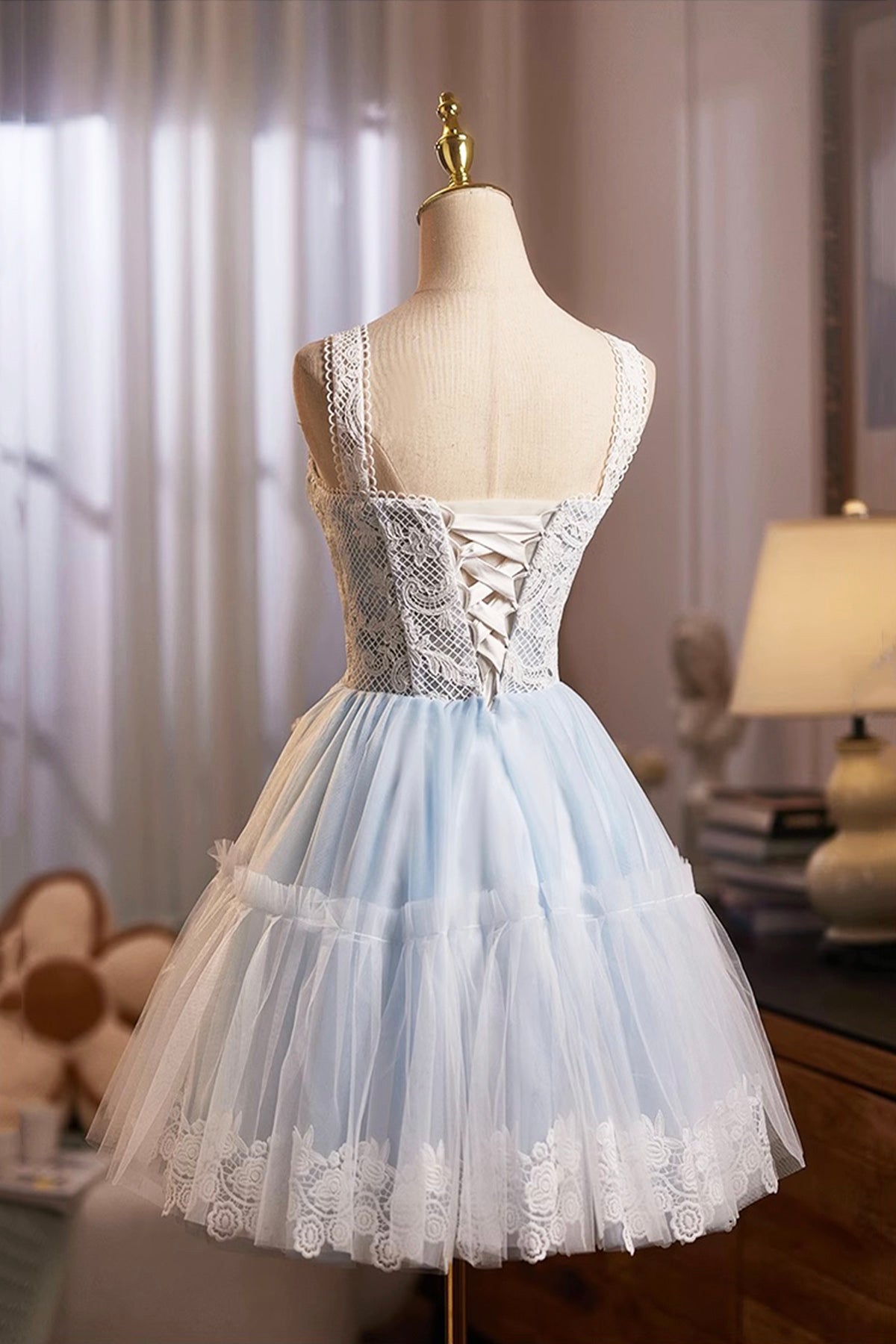 Cute Tulle Lace Short Prom Dress, Blue A-Line Homecoming Party Dress
