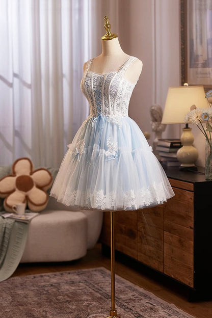 Cute Tulle Lace Short Prom Dress, Blue A-Line Homecoming Party Dress