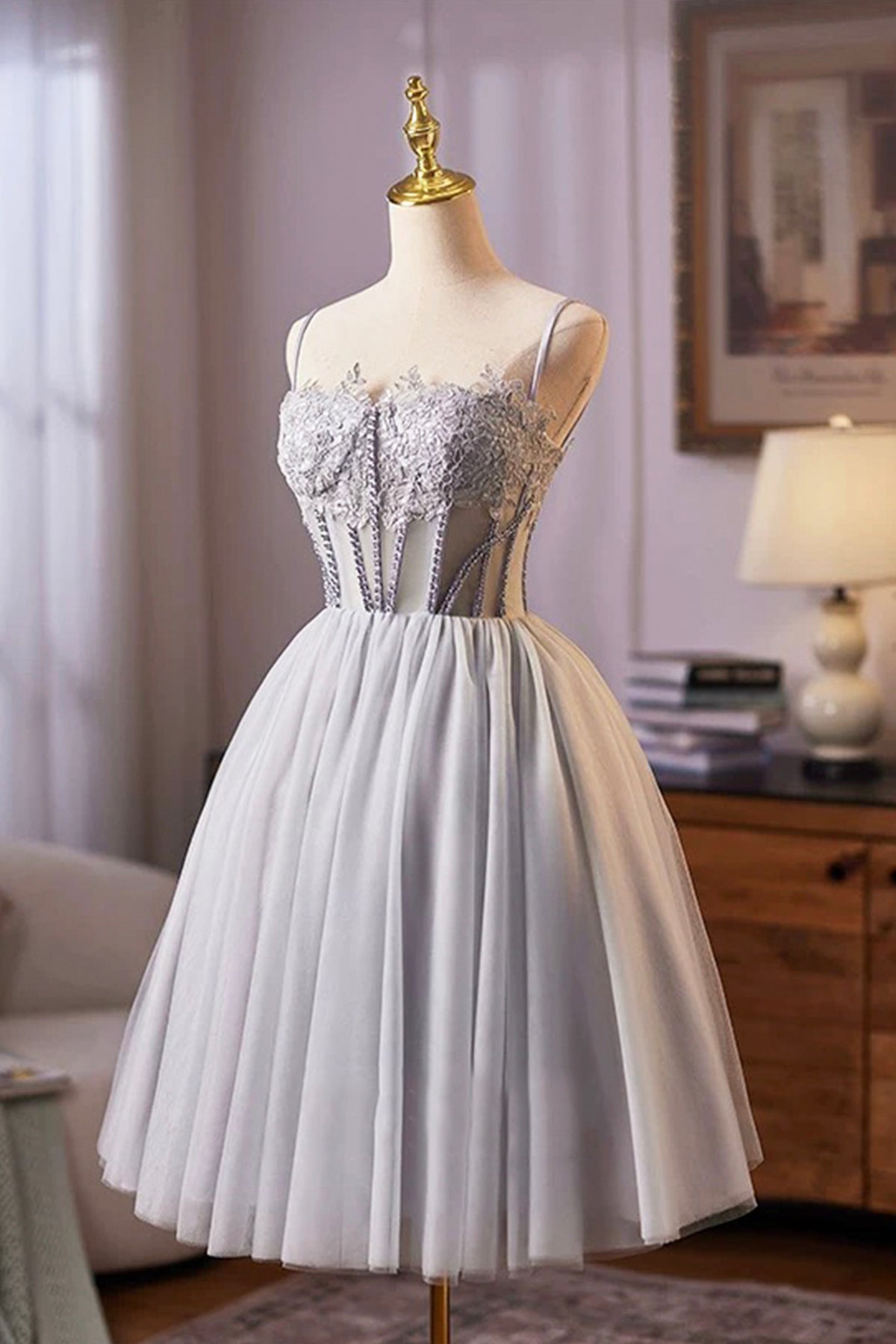 Cute Tulle Lace Short Prom Dress, Gray A-Line Homecoming Party Dress