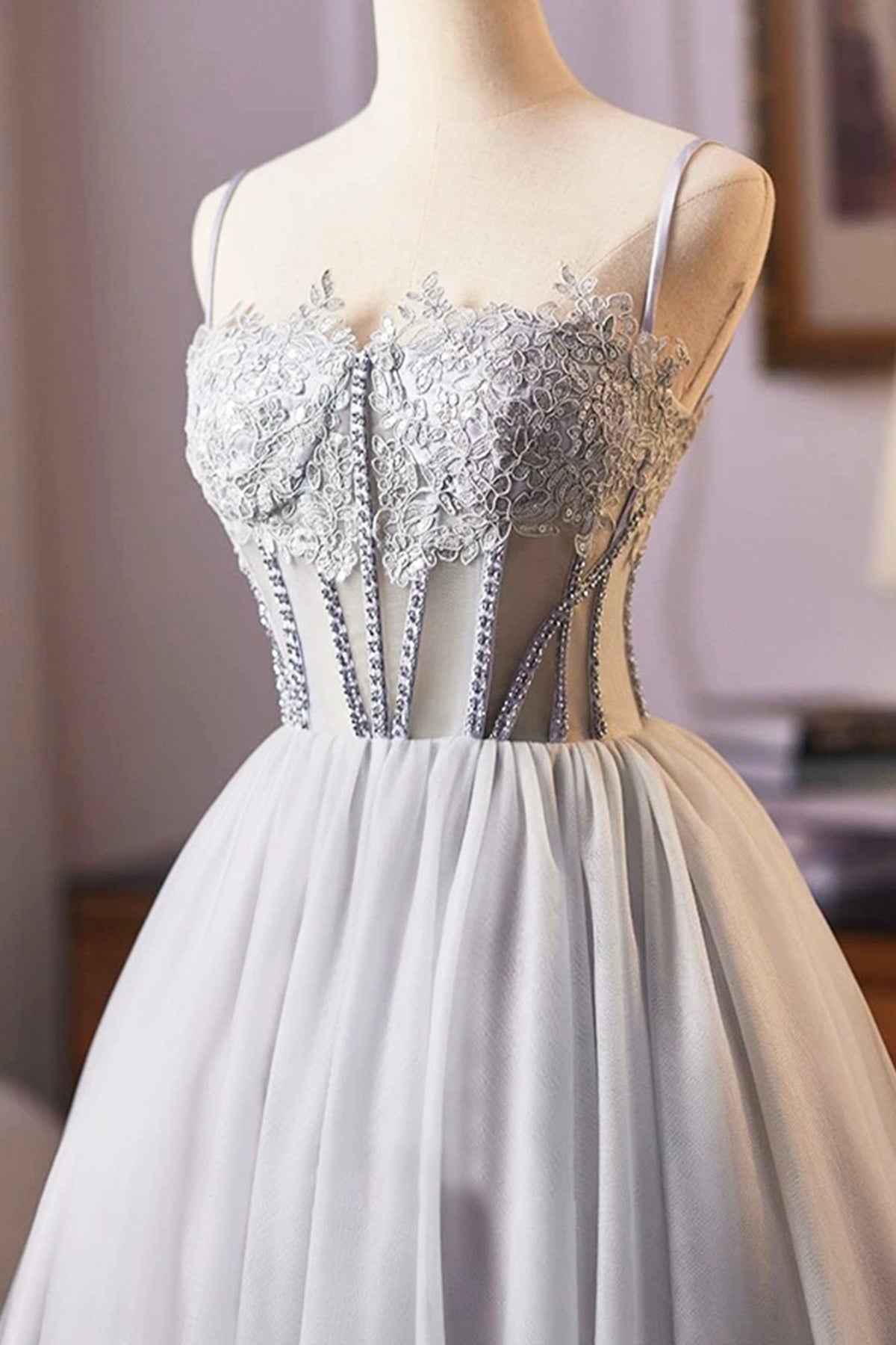 Cute Tulle Lace Short Prom Dress, Gray A-Line Homecoming Party Dress