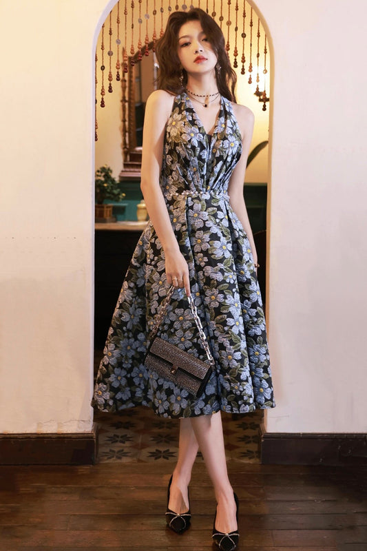 Blue Floral Satin Short Prom Dress, A-Line Backless Evening Party Dress