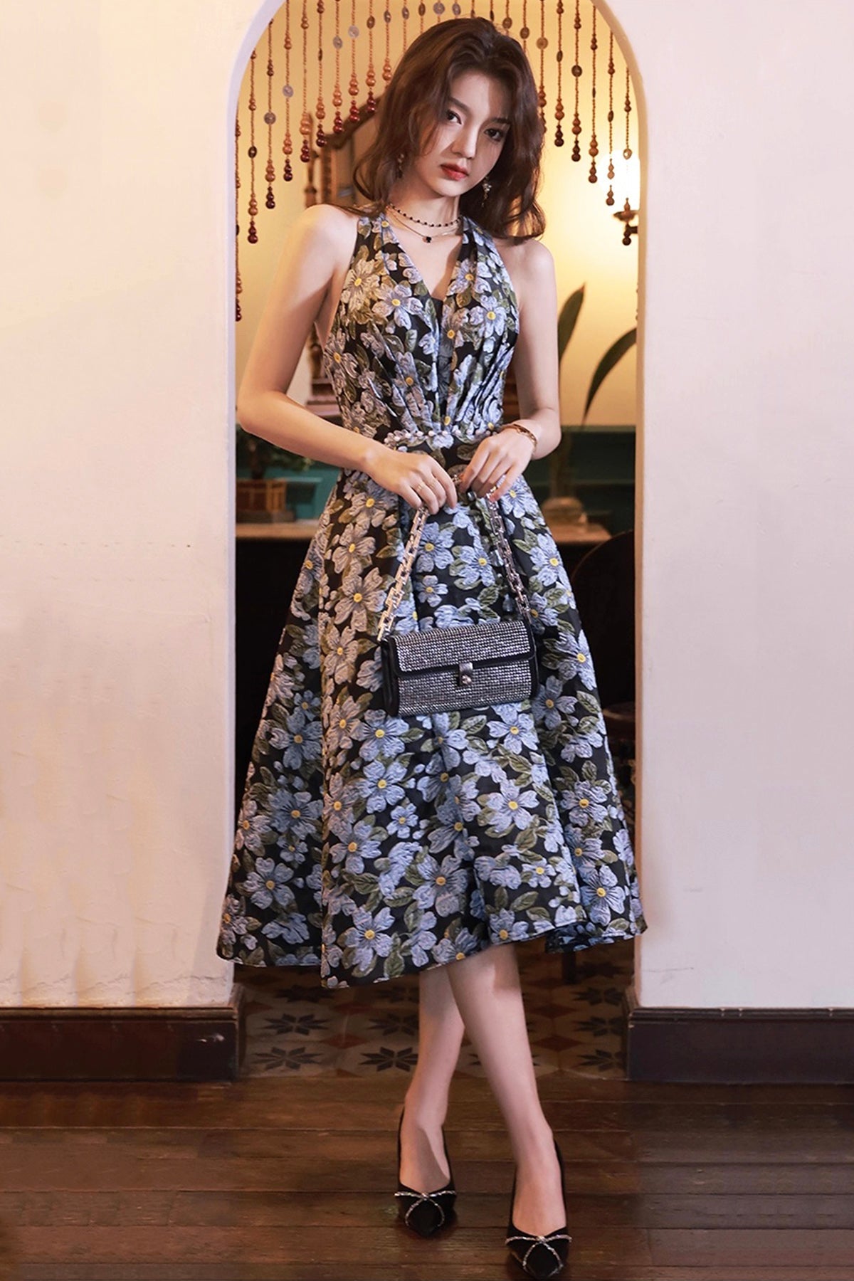 Blue Floral Satin Short Prom Dress, A-Line Backless Evening Party Dress