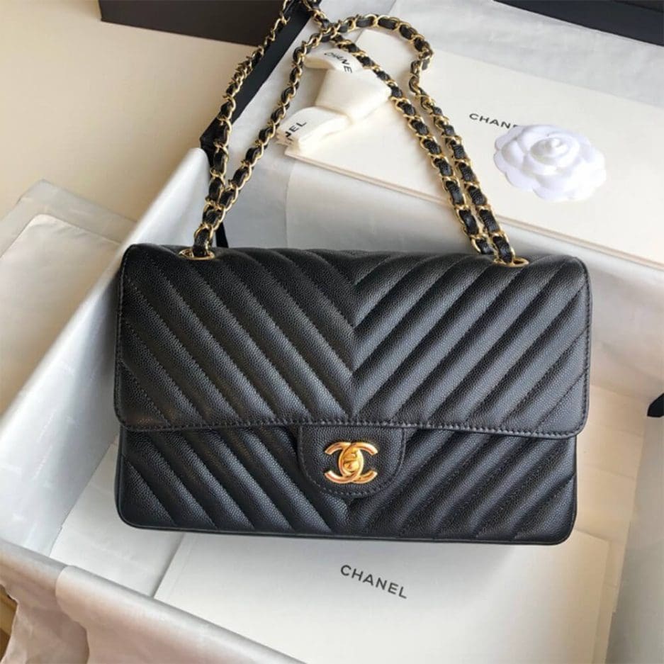 Chanel Classic Chevron Tweed Medium Flap Glod