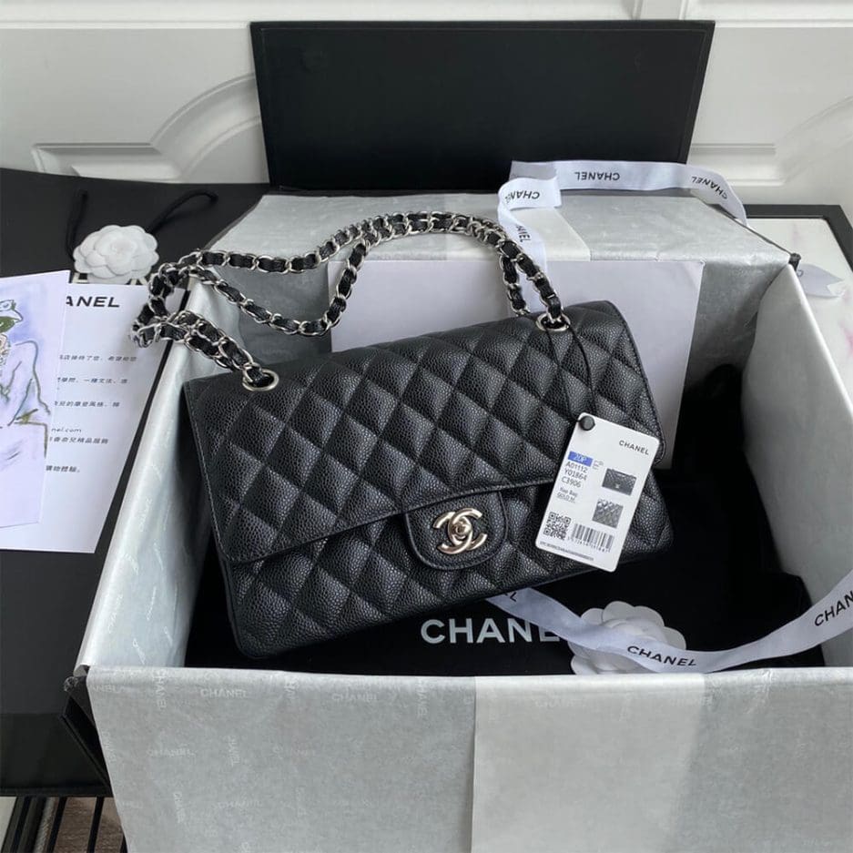 CHANEL CLASSIC HANDBAG Grained Calfskin & Silver Metal