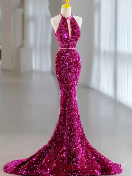 Pink Gorgeous Shiny Exquisite Beaded Halter Long Mermaid Slim Sequin Floor Length Ball Gown Evening Gown Party Dress gh3395